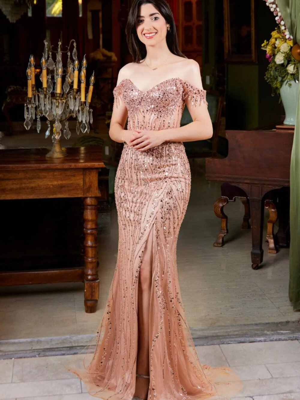 New Elegant Off Shoulder Tulle Dress w/ Beads Embroidery & Sheer Bodice GL3620